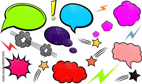 A vibrant collection of textured comic book speech bubbles, action bursts, and graphic elements.