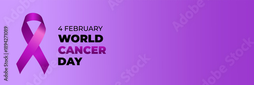A glossy purple awareness ribbon and bold black text for the World Cancer Day event on February 4th.
