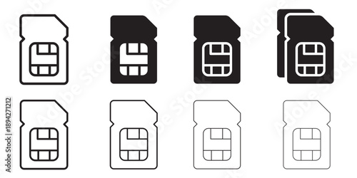 Set of sim-card and e-sim vetor illustration icons. Sim card icons in blue orange and black.