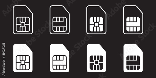 Set of sim-card and e-sim vetor illustration icons. Sim card icons in blue orange and black.