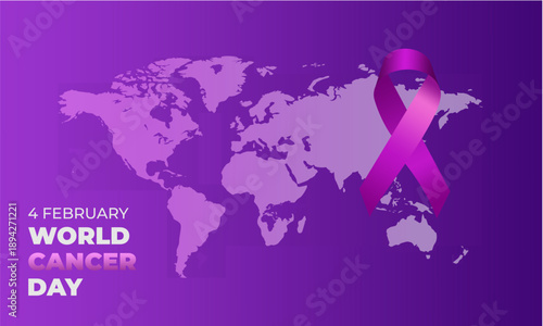 World Cancer Day awareness graphic featuring a purple ribbon on a global map with bold typography for February 4th.