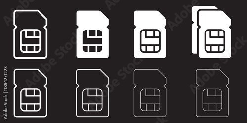 Illustration of sim cards in color outline and solid black. Minimalist black and white icon of two SIM cards with 