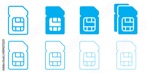 Illustration of sim cards in color outline and solid black. Minimalist black and white icon of two SIM cards with 