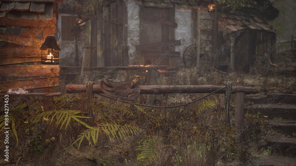 Fototapeta premium In a tranquil village, rustic wooden structures sit under fading light. Lanterns glow softly, illuminating pathways. A sense of calm envelops the scene, inviting exploration and wonder.
