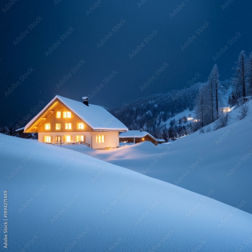Fototapeta premium Cozy Chalet in Snowy Embrace Illuminated Alpine Home at Dusk, Winter Wonderland, Tranquil Escape. Chalet, Snow, Dusk