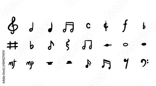 Notes doodle set hand drawn with a black pen. Sketch music notes, melody symbols and song elements. Vector illustration isolated on white. Handdrawn musical signs for creative poster design.