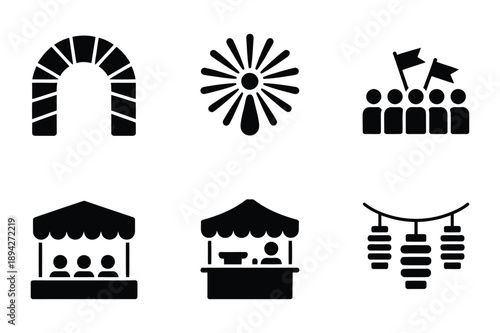 Festival icons: archway, firework, crowd, stalls, and garland