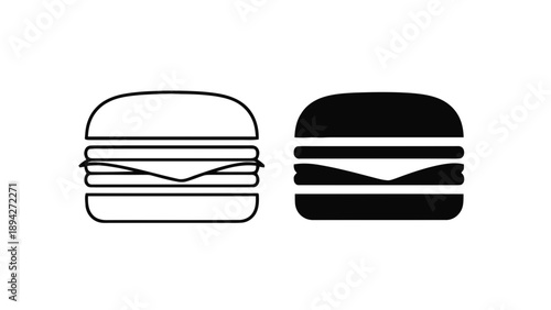 Vector illustration of two delicious burger icons, one outlined and one solid, on transparent background