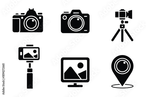 Photography Icons: Cameras, Tripod, Selfie Stick, Monitor