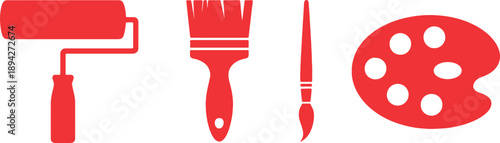 Red Art Tools Vector Set with Paint Brush Roller and Palette Icons