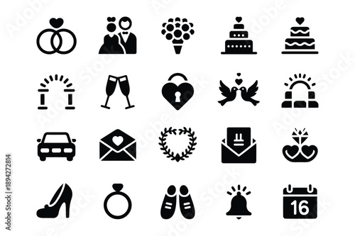 Wedding Icons: Rings, Couple, Bouquet, Cake, Car, Doves, Shoes