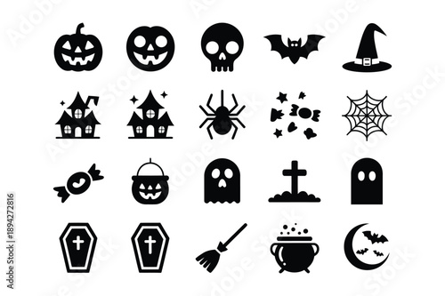 Halloween Icons: Pumpkin, Skull, Bat, Witch Hat, Ghost, Coffin