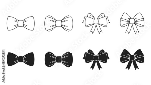 Vector illustration of a diverse collection of elegant decorative bows, ribbons, and knots, on transparent background