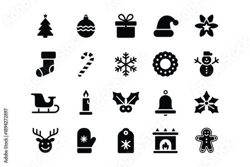 Christmas Icons: Tree, Ornament, Gift, Santa Hat, Snowman, Reindeer