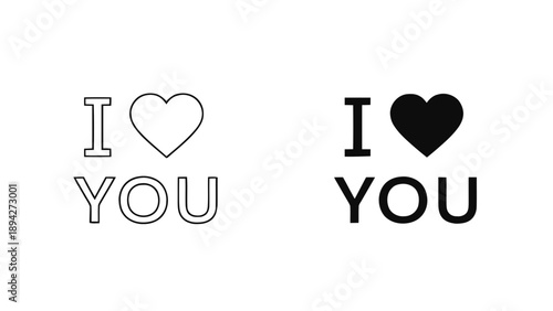 Vector illustration of, on transparent background, 'I LOVE YOU' text, heart outline and solid, for romance