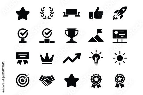 Business and Success Icons: Star, Rocket, Trophy, Chart, Handshake
