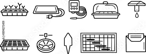 Gardening tools and equipment icons for seed starting and plant care
