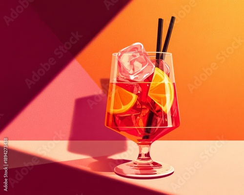 A vibrant cocktail in a glass with ice and orange slices. The background features geometric shapes in warm colors, creating a lively atmosphere.
