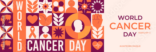 World Cancer Day 2026 web geometric banner concept with social awareness symbols