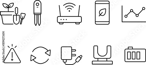 Collection of modern line icons representing smart agriculture and technology concepts