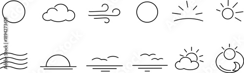 Collection of simple line icons representing various weather conditions and celestial bodies