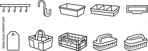 Collection of household cleaning and organization tools in a simple line art style