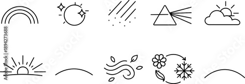 Collection of weather and natural phenomena icons in a minimalist line art style