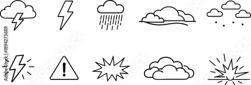 Collection of weather and danger icons including lightning, rain, clouds, and explosions