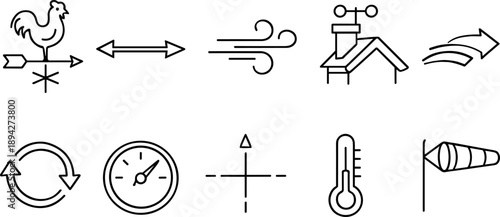 Collection of weather icons including windsock, thermometer, anemometer, and compass rose