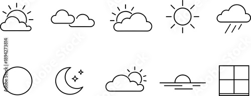 Collection of simple line icons representing weather conditions and celestial bodies