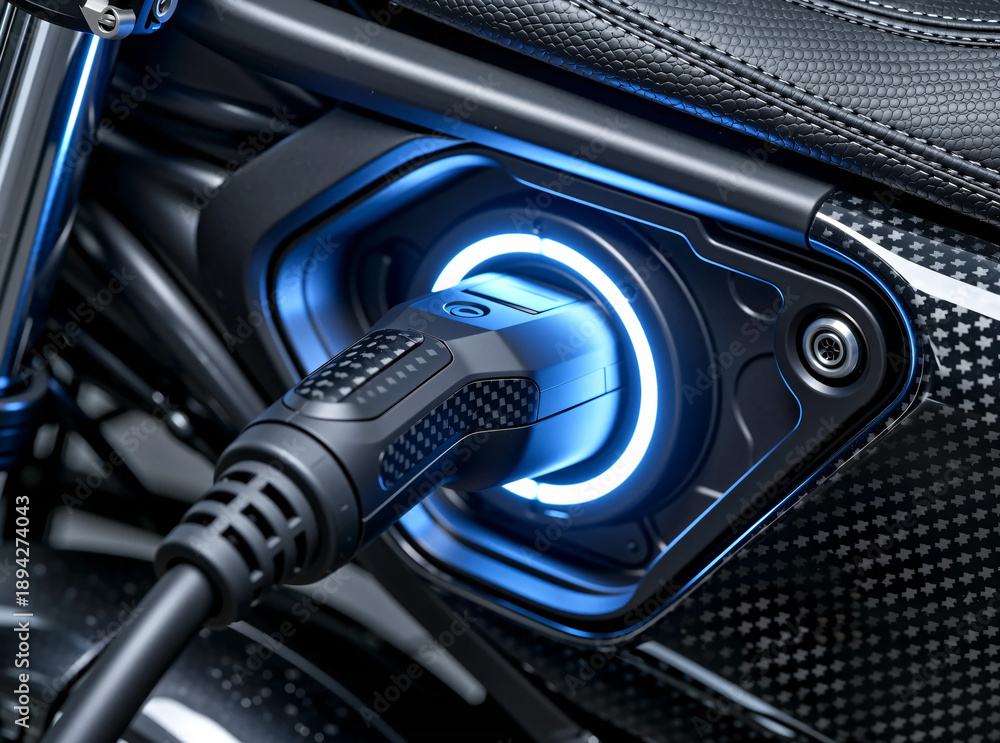 Naklejka premium Electric Motorcycle Charging Connector with Blue LED Ring and Carbon Fiber Texture – Modern Eco-Friendly Transportation Concept Stock Photo