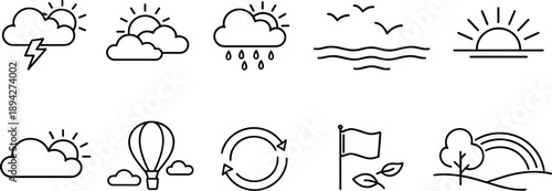 Collection of simple line icons representing weather, nature, and travel elements