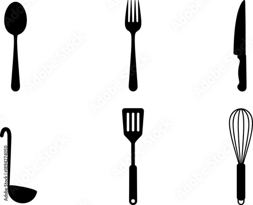 Collection of six essential kitchen utensils in a clean, modern silhouette style