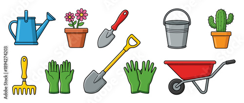 Collection of gardening tools and plants including watering can, gloves, shovels, wheelbarrow, rake, and potted flowers and cactus for gardening enthusiasts and outdoor activities.
