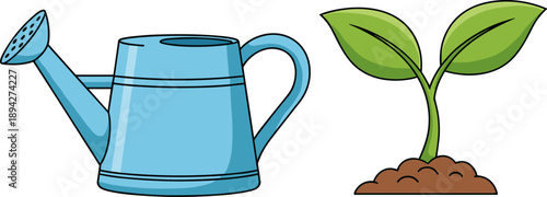 Blue watering can next to a small green seedling growing in brown soil