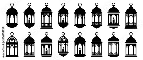 Collection of elegant traditional lanterns silhouettes in various designs and patterns perfect for cultural or religious themes and decorative elements in graphic design.