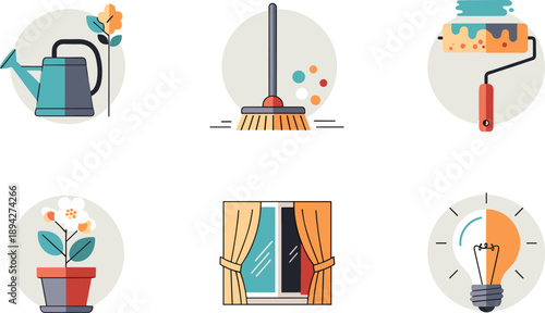 Collection of six flat design icons representing home maintenance and improvement tasks