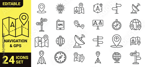 Navigation and GPS icon set with map marker, compass, globe, satellite, location pin, direction arrow, and geolocation tracking symbols