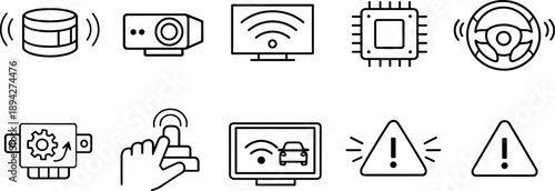 Collection of technology and warning icons representing smart systems and potential issues