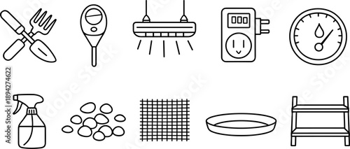Gardening tools and equipment icons for indoor plant cultivation and hydroponics