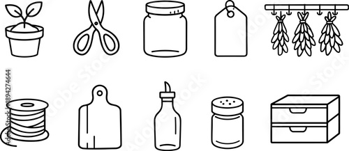 Collection of simple line art icons representing kitchen and gardening tools