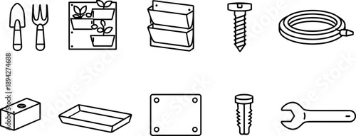 Collection of gardening and DIY tools and supplies, simple line art icons
