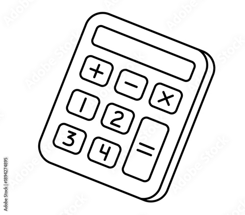 Hand drawn cute outline illustration of office calculator. Flat vector accounting device line art doodle. Education or study sticker, icon. Finance income. Calculation and payment of taxes. Isolated.