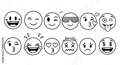 A collection of diverse emoticon faces illustrating various emotions and reactions, presented in a grid layout as vector graphics.