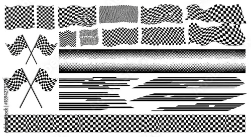 Collection of checkered and striped patterns in various formats and checkered flags, graphic elements, digital art, checkered design, vector