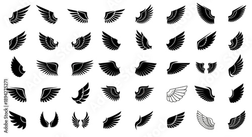Collection of various black and gray wing illustrations in different styles and orientations on a clean background, showcasing diverse designs for graphic elements.