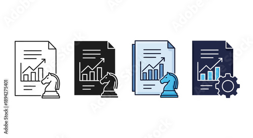 Vector icon set for strategic business planning and financial analysis, showing market growth and successful decision-making. Features a document with a progress chart, a chess knight symbol