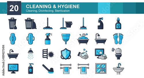 Vector cleaning and hygiene icons modern set featuring household tools, sanitation products, bathroom essentials, and personal care symbols