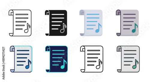 Collection of music notes on a scroll icon set, symbolizing musical scores and compositions in various color schemes