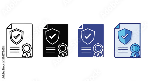 Set of certified document icons representing trust, security, and verified approval with a checkmark shield and ribbon seal, ideal for digital platforms